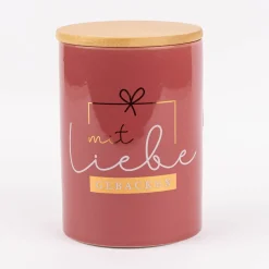 Vorratsdose aus Porzellan mit Bambusdeckel mit Liebe gebacken Schleife rot gold weiß 11x16cm von La Vida