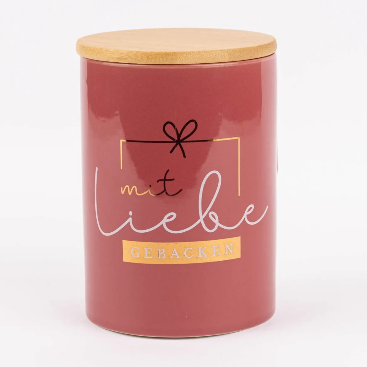 Vorratsdose aus Porzellan mit Bambusdeckel mit Liebe gebacken Schleife rot gold weiß 11x16cm von La Vida