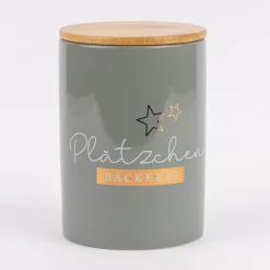 Vorratsdose aus Porzellan mit Bambusdeckel Plätzchenbäckerei grau gold weiß 11x16cm von La Vida
