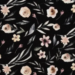 Waffeljersey Waffelstrick Digitaldruck Aquarell Blumen Blätter schwarz beige grün grau 1,45m Breite