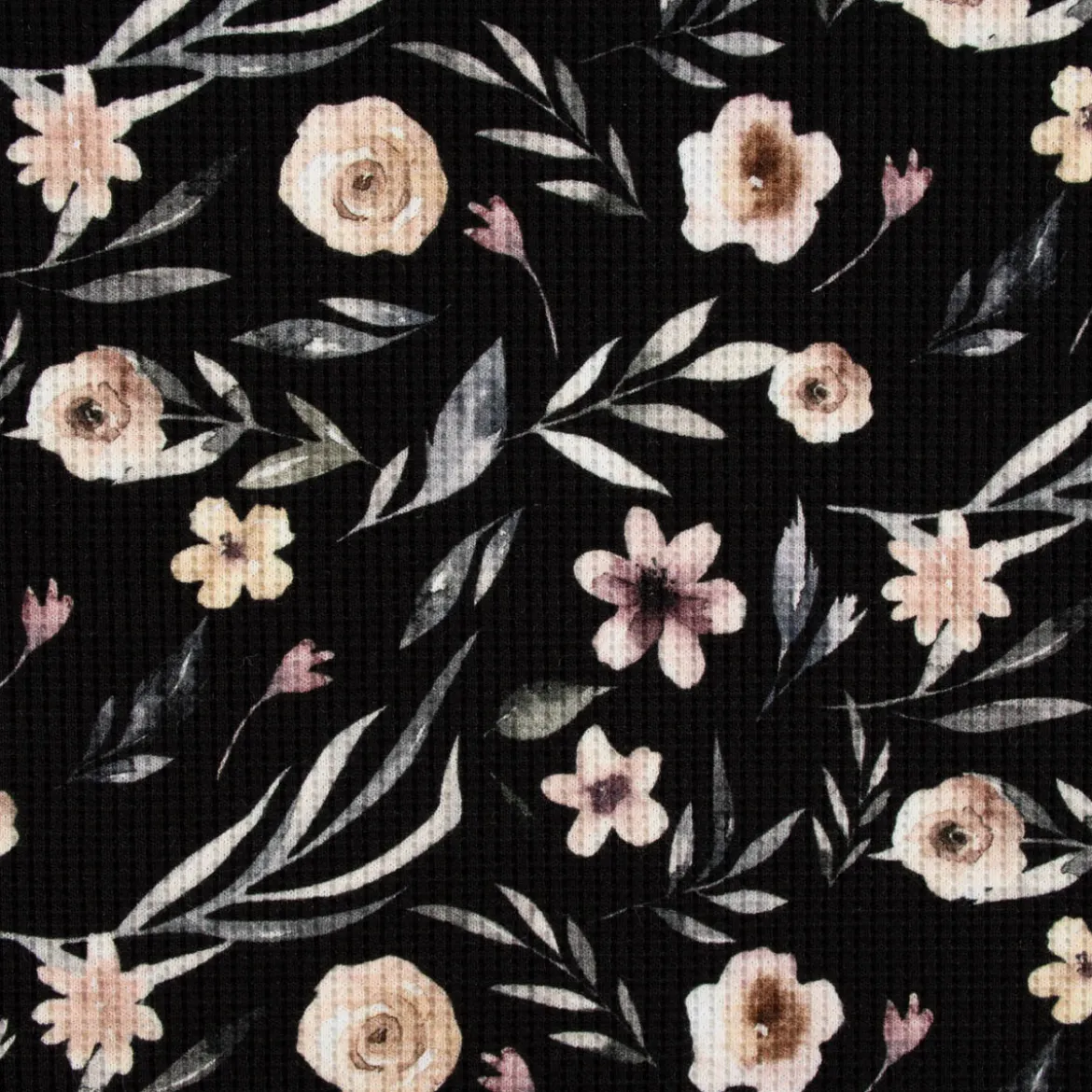 Waffeljersey Waffelstrick Digitaldruck Aquarell Blumen Blätter schwarz beige grün grau 1,45m Breite