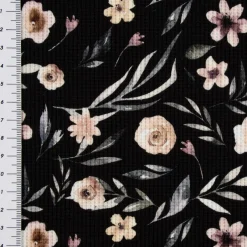 Waffeljersey Waffelstrick Digitaldruck Aquarell Blumen Blätter schwarz beige grün grau 1,45m Breite