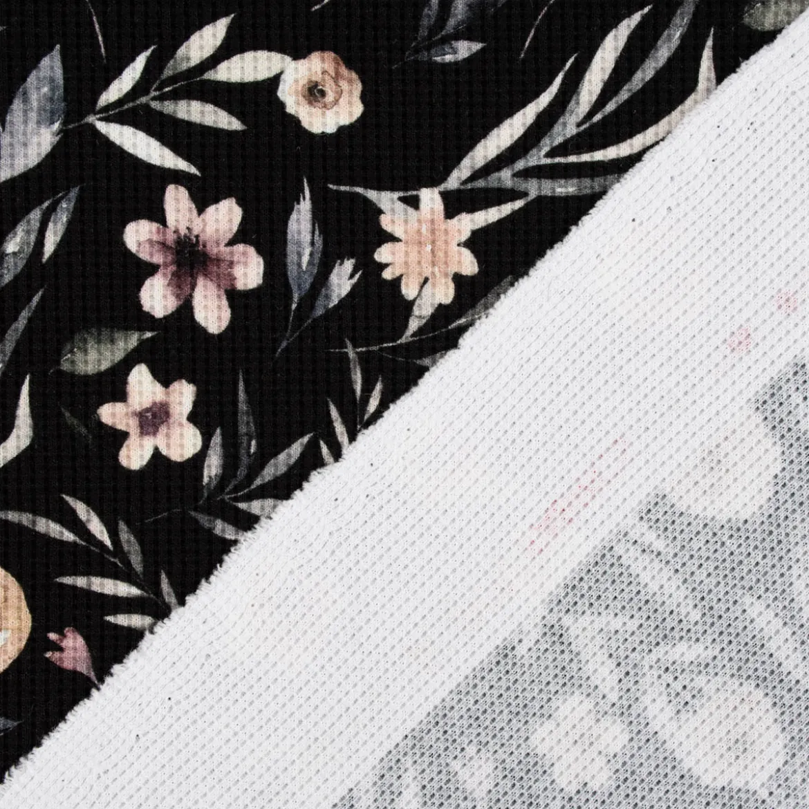 Waffeljersey Waffelstrick Digitaldruck Aquarell Blumen Blätter schwarz beige grün grau 1,45m Breite
