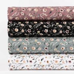Waffeljersey Waffelstrick Digitaldruck Aquarell Blumen Blätter schwarz beige grün grau 1,45m Breite