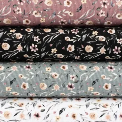 Waffeljersey Waffelstrick Digitaldruck Aquarell Blumen Blätter schwarz beige grün grau 1,45m Breite