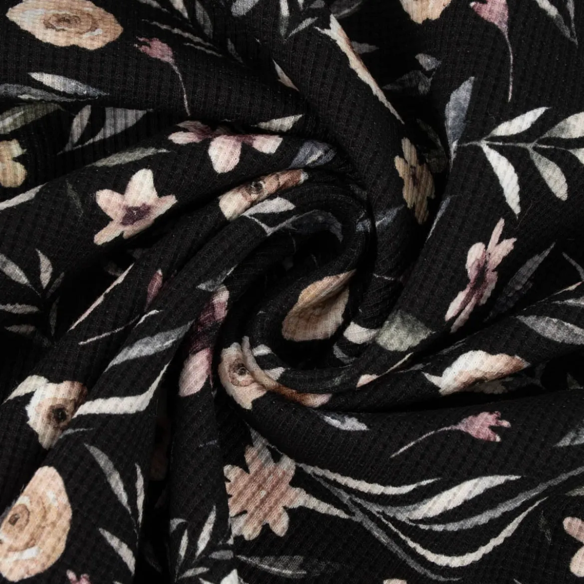 Waffeljersey Waffelstrick Digitaldruck Aquarell Blumen Blätter schwarz beige grün grau 1,45m Breite