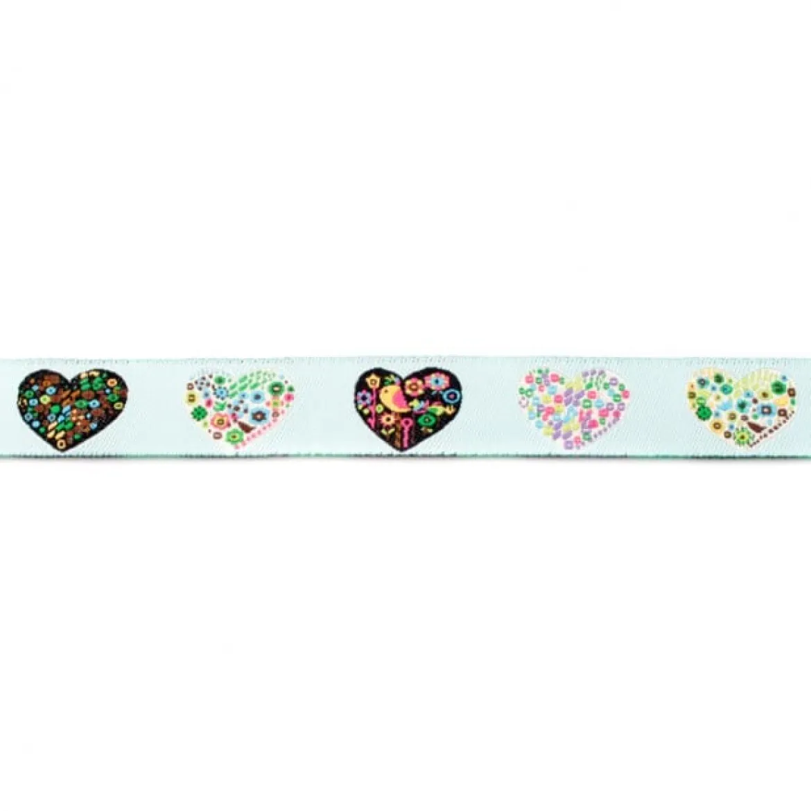 Webband Herzen Blumen Vogel hellblau bunt Meterware Breite: 1,5cm