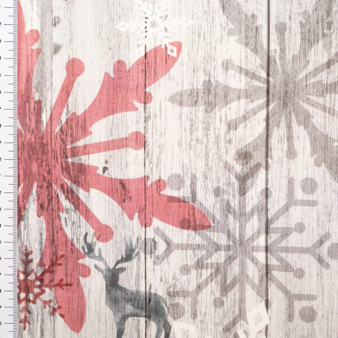 Weihnachtsstoff Baumwolle Halbpanama Hirsche & Schneeflocken grau rot 1,40m Breite