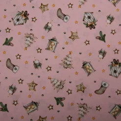 Weihnachtsstoff Baumwollstoff Popeline Allover Weihnachtsmotive rosa beige 1,45m Breite