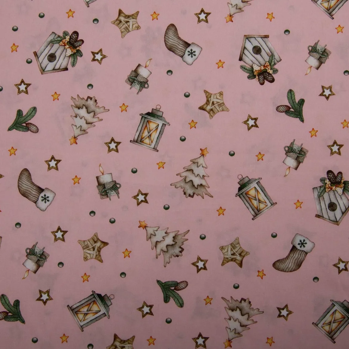 Weihnachtsstoff Baumwollstoff Popeline Allover Weihnachtsmotive rosa beige 1,45m Breite