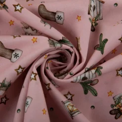Weihnachtsstoff Baumwollstoff Popeline Allover Weihnachtsmotive rosa beige 1,45m Breite