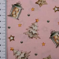 Weihnachtsstoff Baumwollstoff Popeline Allover Weihnachtsmotive rosa beige 1,45m Breite