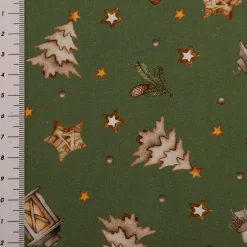 Weihnachtsstoff Baumwollstoff Popeline Allover Weihnachtsmotive grün beige 1,45m Breite