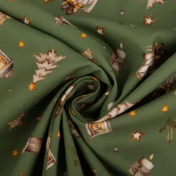 Weihnachtsstoff Baumwollstoff Popeline Allover Weihnachtsmotive grün beige 1,45m Breite