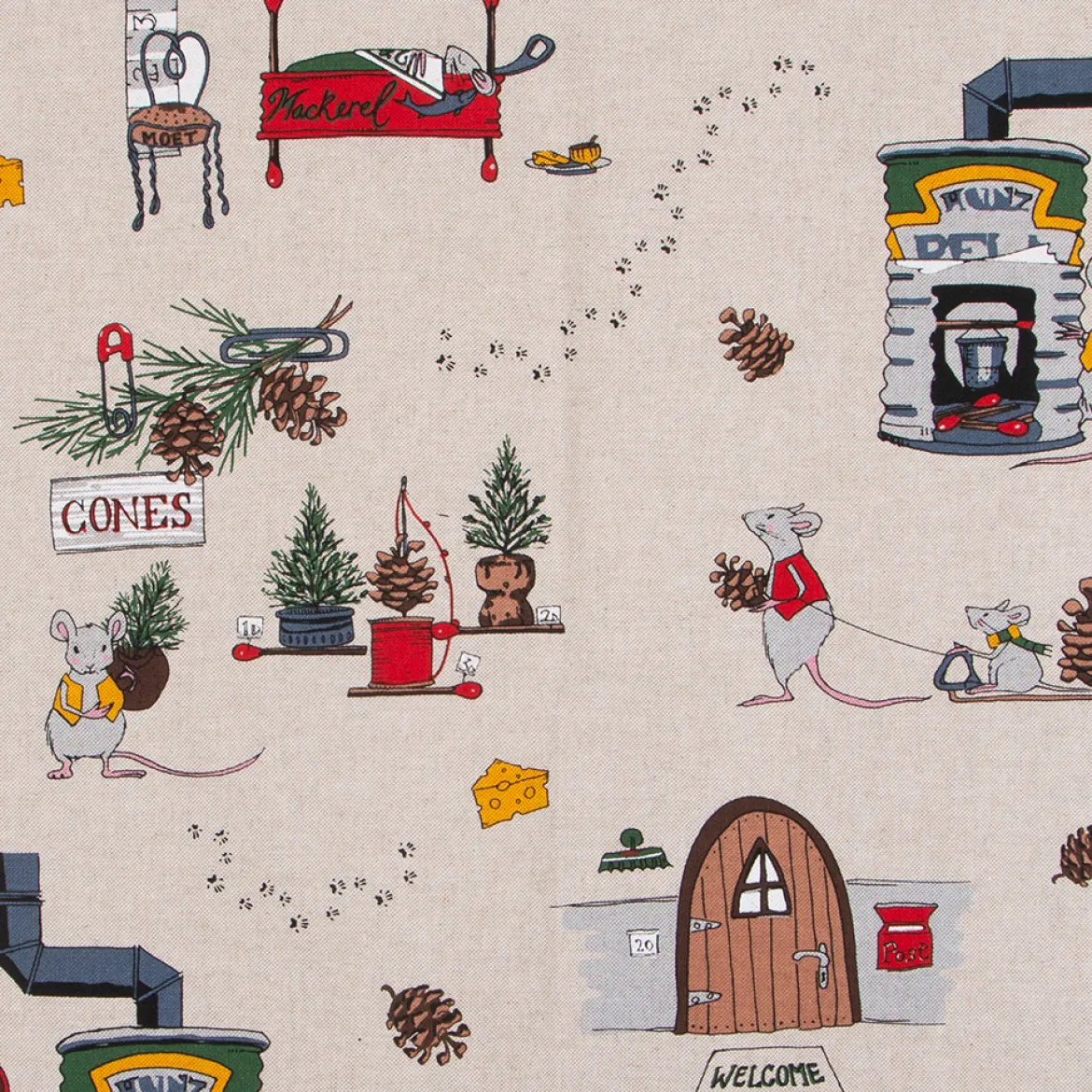 Weihnachtsstoff Dekostoff Halbpanama Leinenlook Weihnachtsmäuse Welcome Home natur rot grün 1,40m Breite