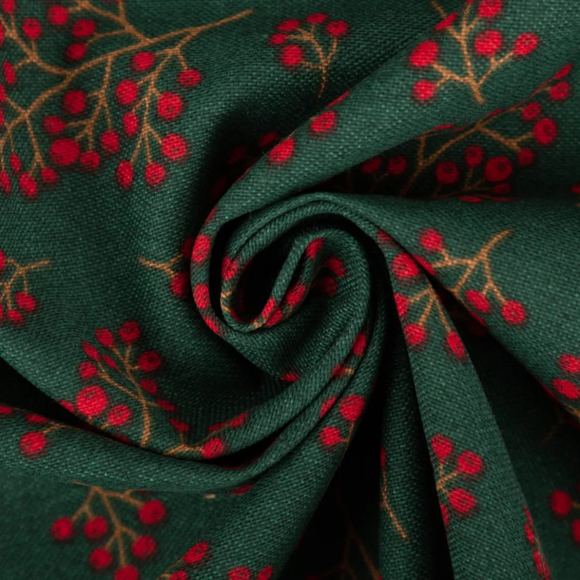 Weihnachtsstoff Dekostoff Halbpanama Winter Berry Bloom Beerenzweige dunkelgrün rot 1,40m Breite