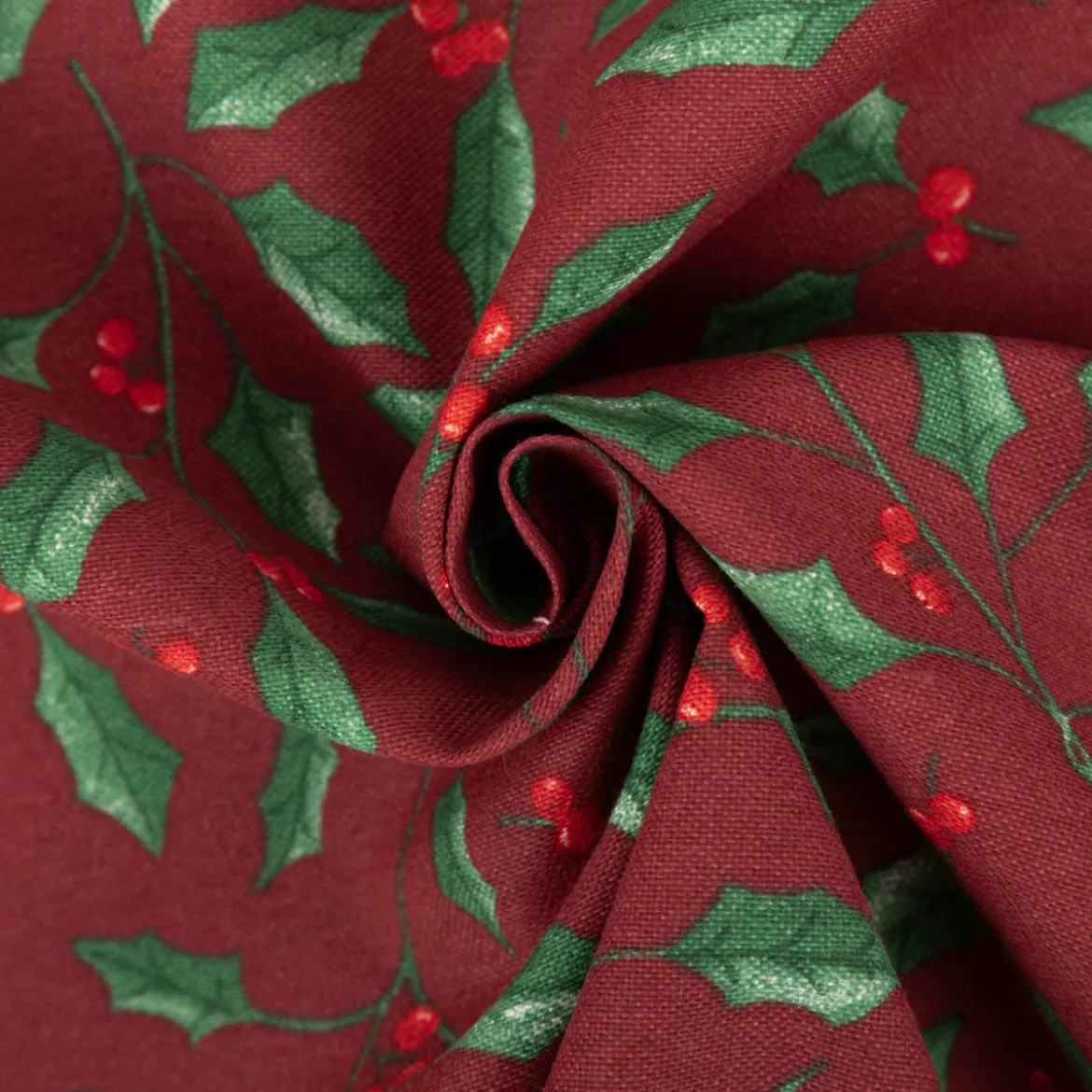 Weihnachtsstoff Dekostoff Halbpanama Holly Branch Stechpalme Zweige weinrot 1,40m Breite
