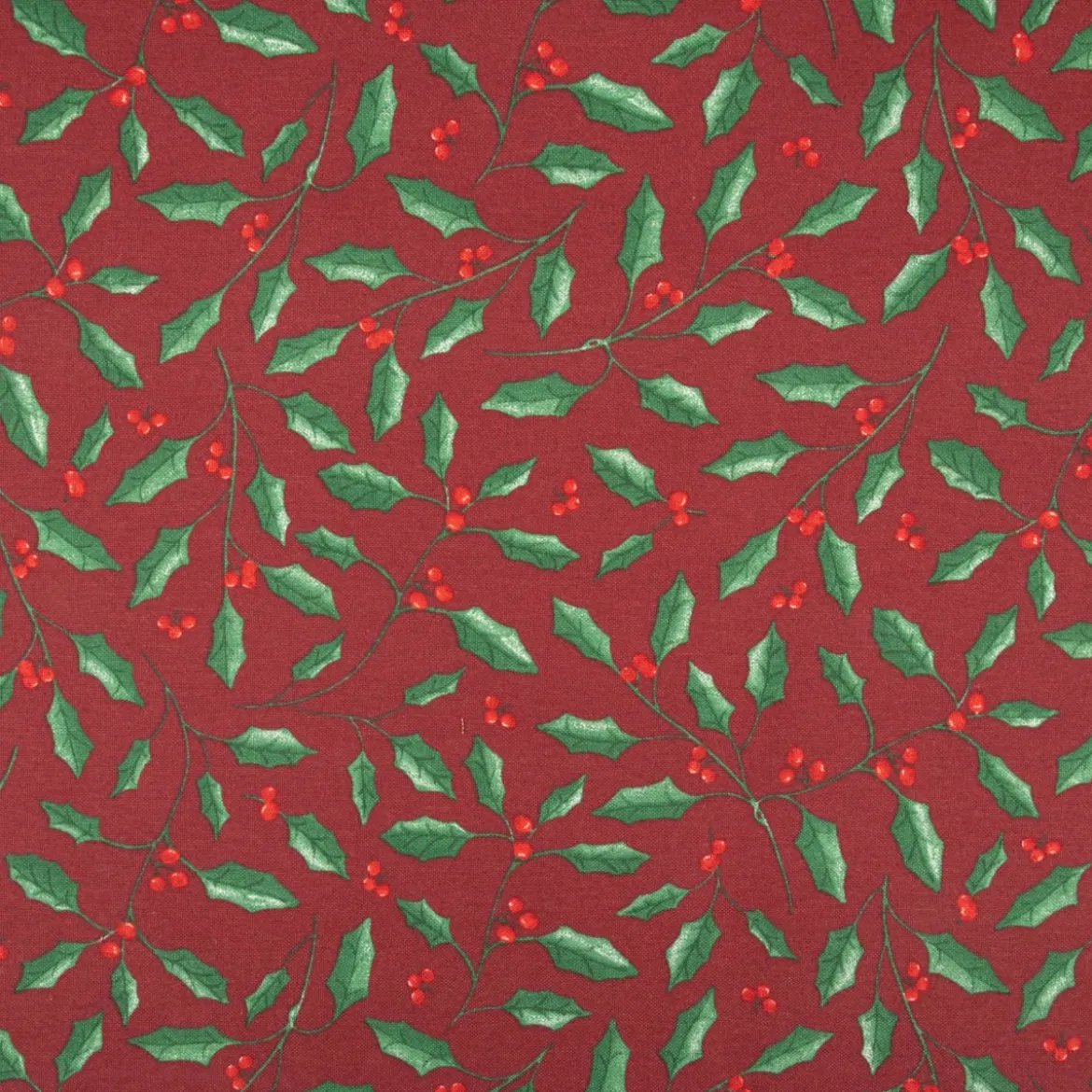 Weihnachtsstoff Dekostoff Halbpanama Holly Branch Stechpalme Zweige weinrot 1,40m Breite