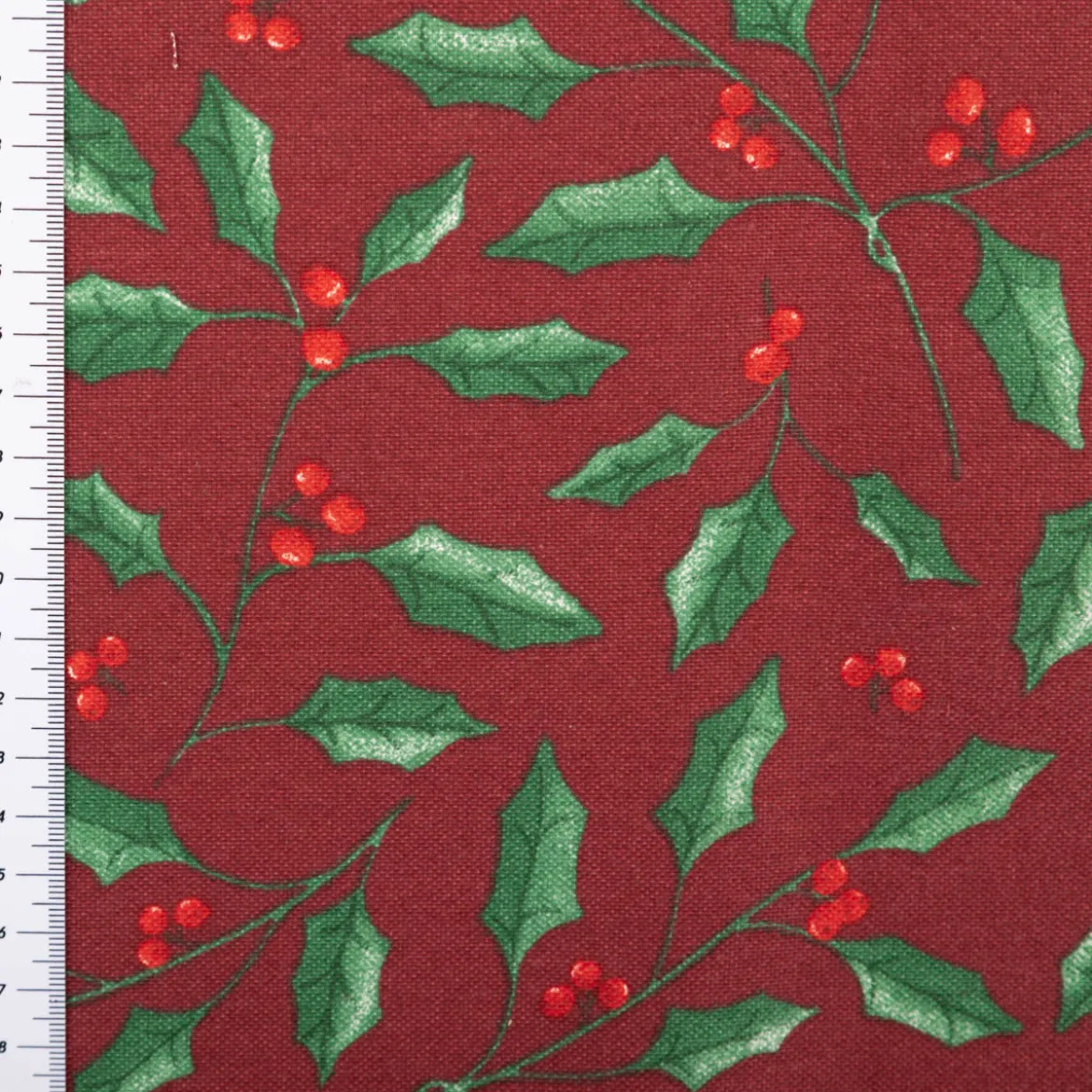 Weihnachtsstoff Dekostoff Halbpanama Holly Branch Stechpalme Zweige weinrot 1,40m Breite