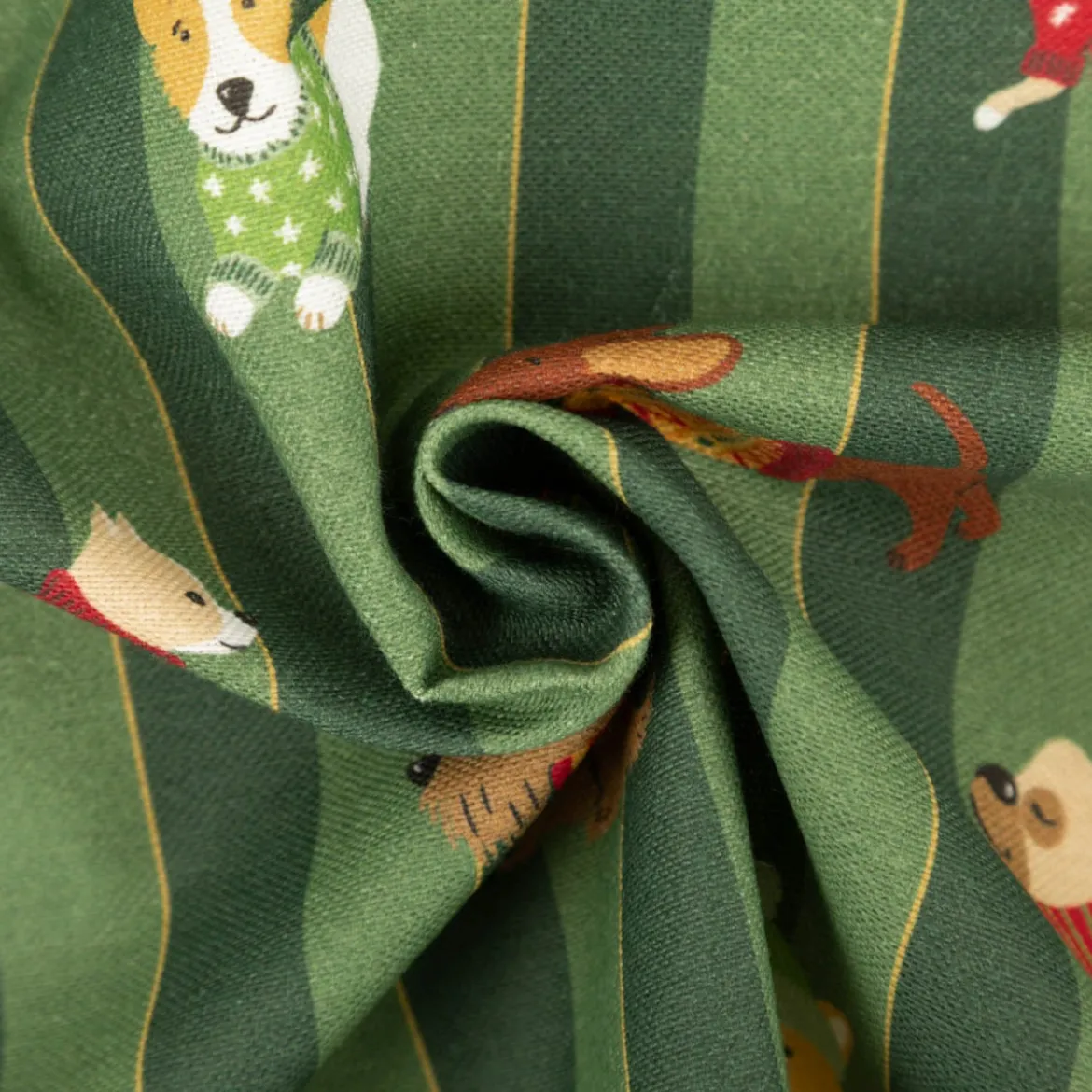 Weihnachtsstoff Dekostoff Halbpanama Digitaldruck Dog Frost Friends Hunde Winter dunkelgrün 1,40m Breite