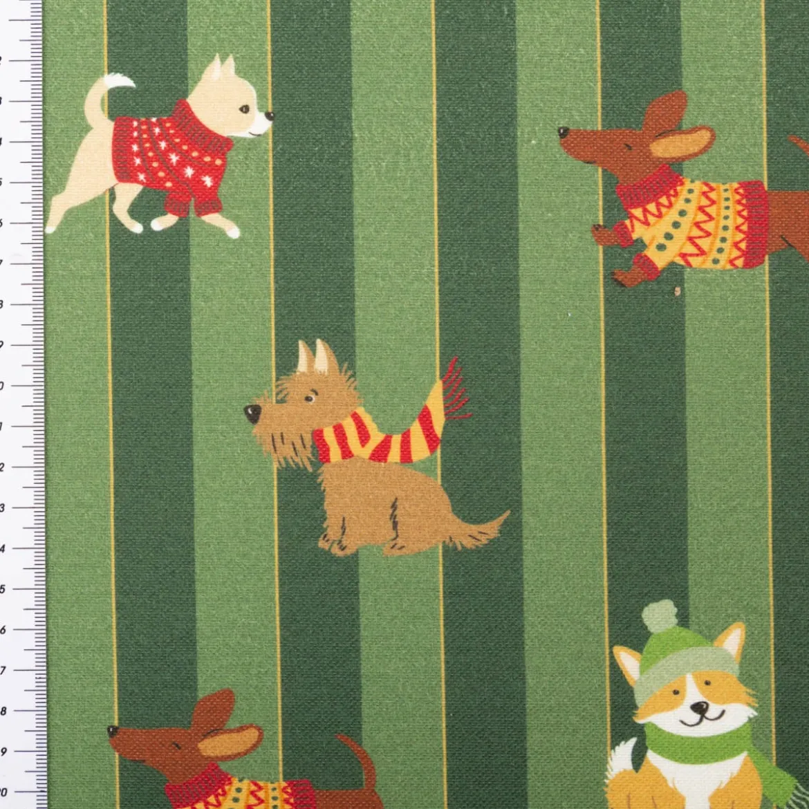 Weihnachtsstoff Dekostoff Halbpanama Digitaldruck Dog Frost Friends Hunde Winter dunkelgrün 1,40m Breite