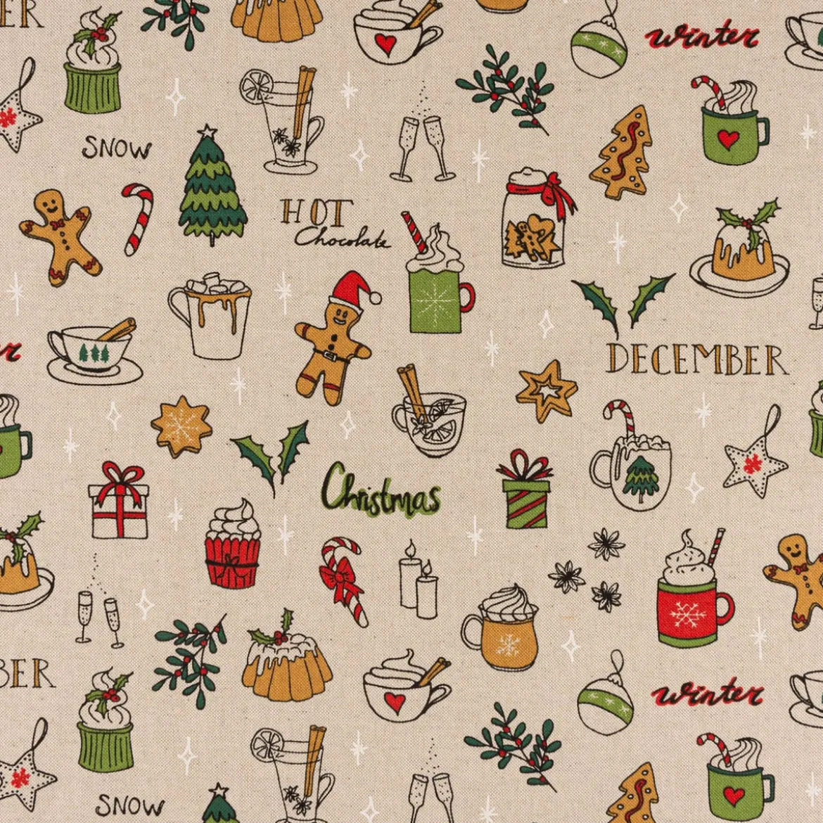 Weihnachtstischdecke Leinenlook Christmas Doodle Weihnachtsmotive natur bunt verschiedene Größen von SCHÖNER LEBEN.
