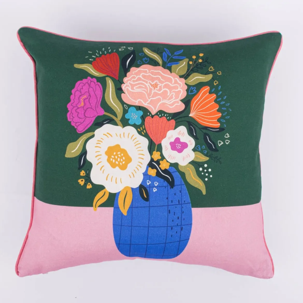 Wende-Kissenhülle mit Keder Blumenvase Flowers Digitaldruck aus Baumwolle grün rosa bunt 45x45cm von Magma