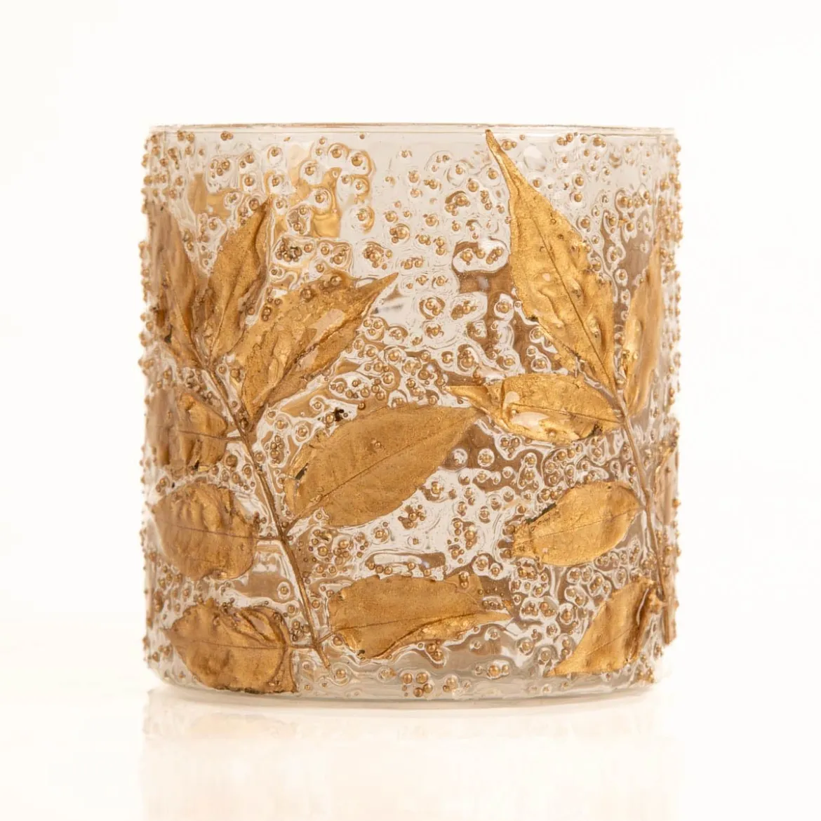 Windlicht Leaves mit goldfarbigen Blättern transparent gold 10x10x10cm von Werner Voß