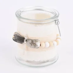 Windlicht mit Holzperlenkette und Insektenanhänger Glas Leinenstoff natur weiß 10x10cm verschiedene Varianten