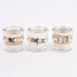 Windlicht mit Holzperlenkette und Insektenanhänger Glas Leinenstoff natur weiß 10x10cm verschiedene Varianten