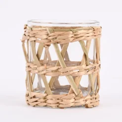 Windlicht mit Seegras Verzierung klein geflochten Glas Seegras 7x8cm