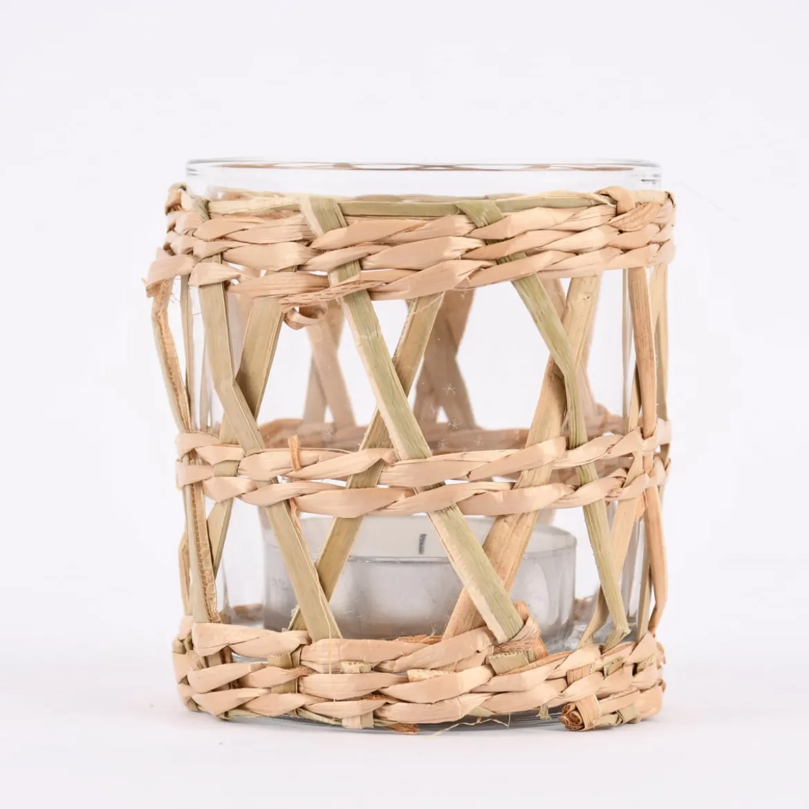 Windlicht mit Seegras Verzierung klein geflochten Glas Seegras 7x8cm