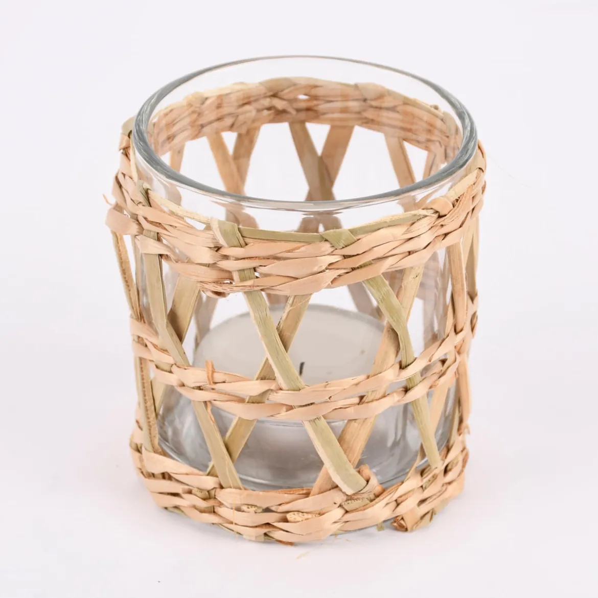 Windlicht mit Seegras Verzierung klein geflochten Glas Seegras 7x8cm