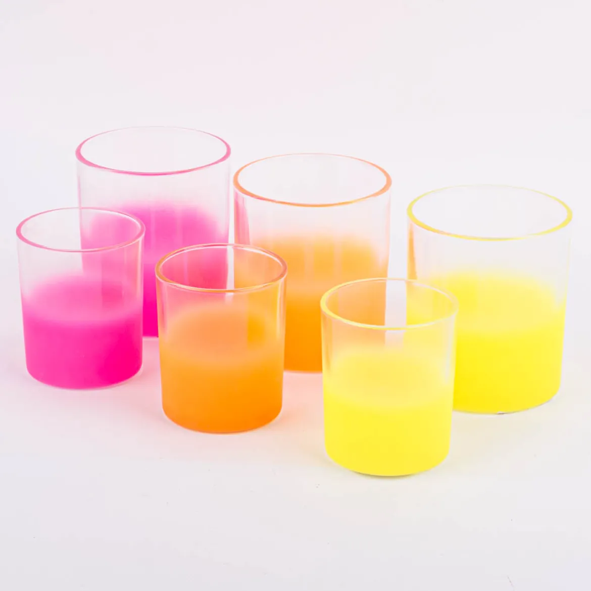 Windlicht Set aus Glas mit Neonfarbstreifen in gelb pink oder orange 8,5 u. 10cm